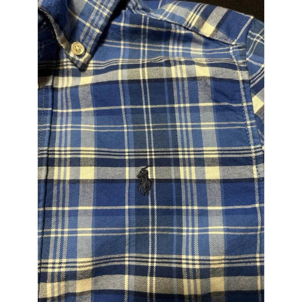 Ralph Lauren Boys Blue White Plaid Button-Down Cotton Shirt Long Sleeve Size 7